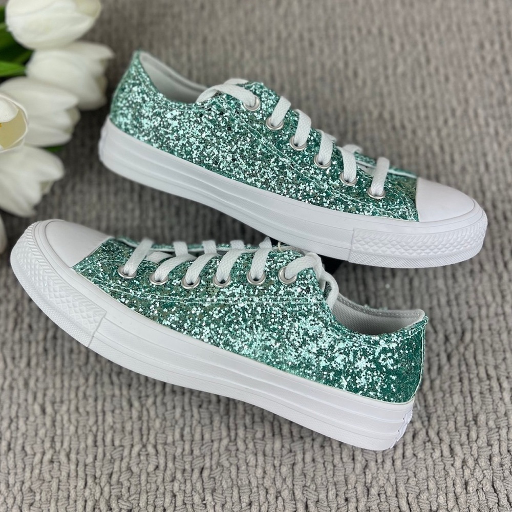 Green and White Glitter Sneakers with Classic Rubber Sole